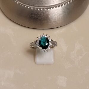 Silver CZ and Emerald Oval Cut Ring Size 9